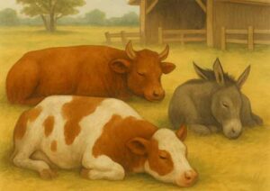 Cow and donkey sleeping